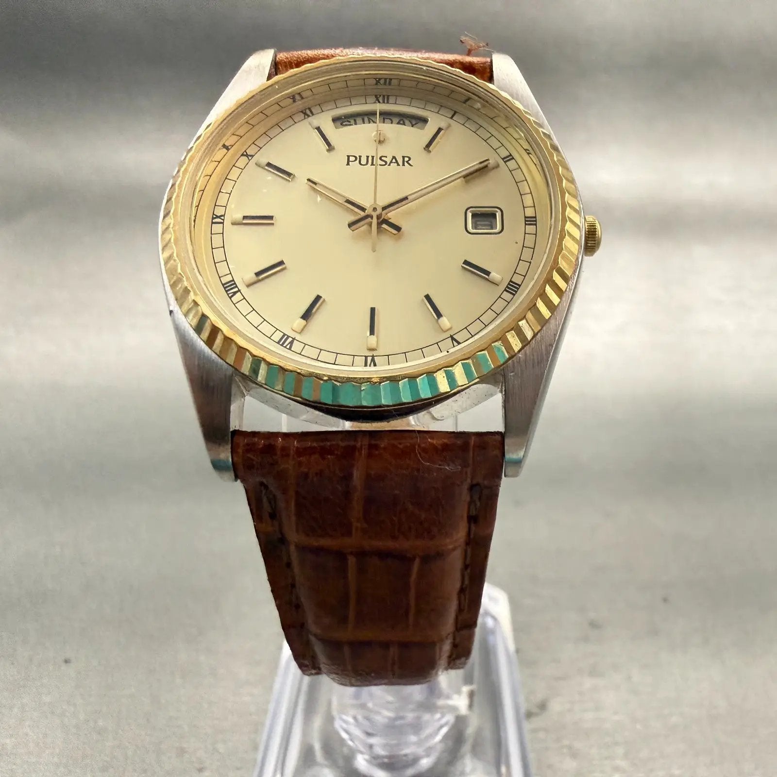 Pulsar President Watch Men 35mm Champagne Dial Two Tone Date V744-0A20 New Bat5