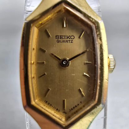 Seiko Watch Women 13mm Gold Dial Gold Tone Hexagon 1E20-5729 New Battery Vintage1