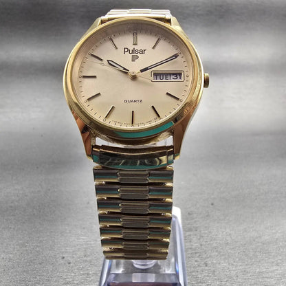 Seiko Pulsar Watch Men 34mm Champagne Dial Gold Tone Daydate Y148-6019 New Batt6