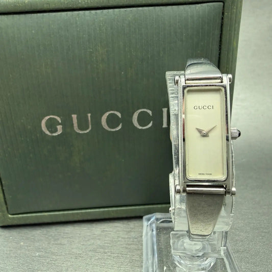 Gucci 1500L Tank Watch Women 12mm Black Dial Steel Rectangle Bangle New batt Box0