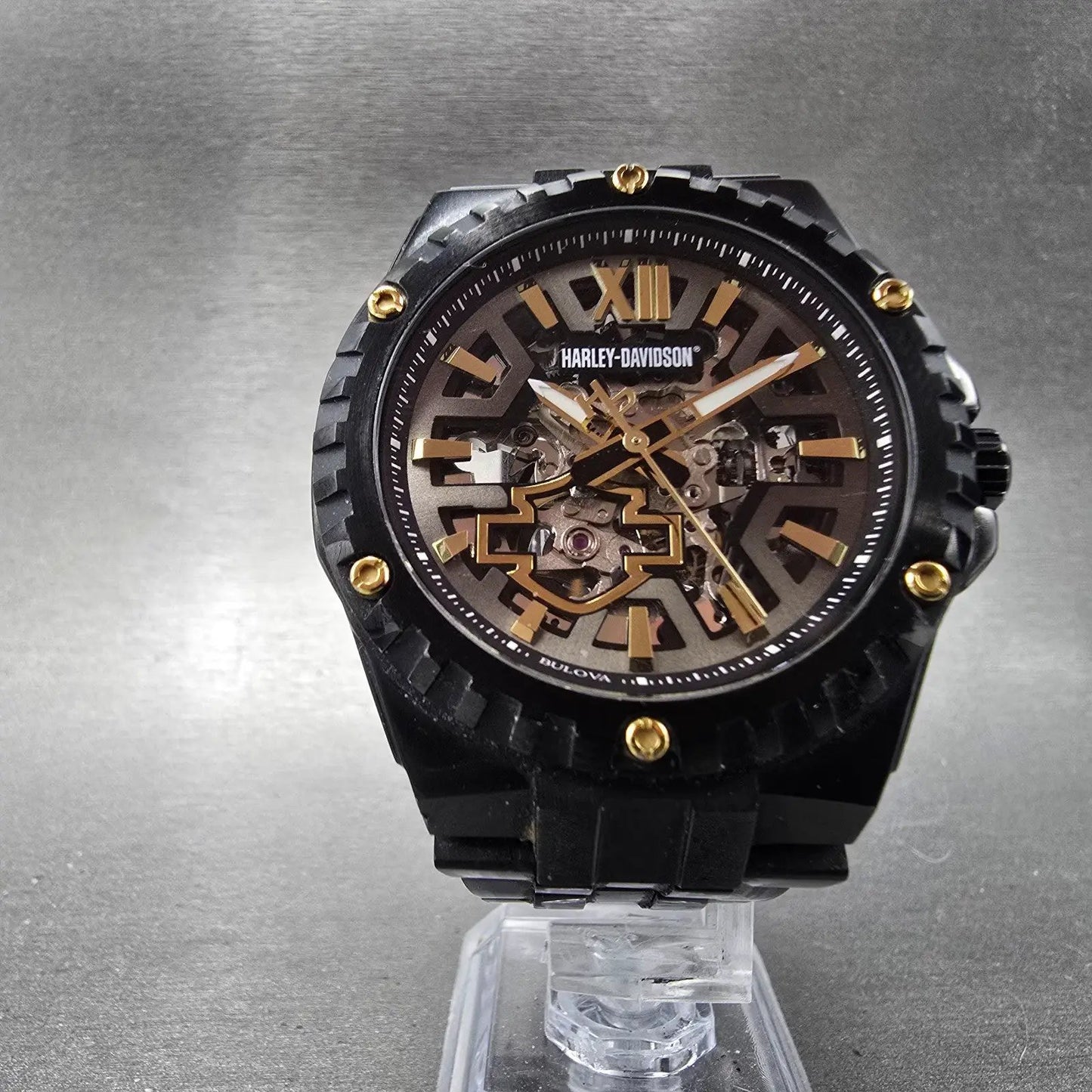 Bulova Automatic Harley Davidson Watch Men 43mm Skeleton Dial Black Tone Runs5