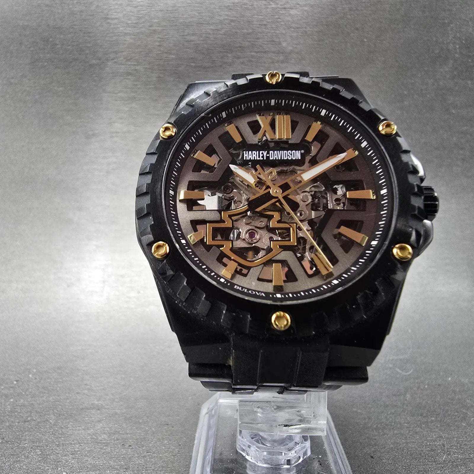 Bulova Automatic Harley Davidson Watch Men 43mm Skeleton Dial Black Tone Runs5