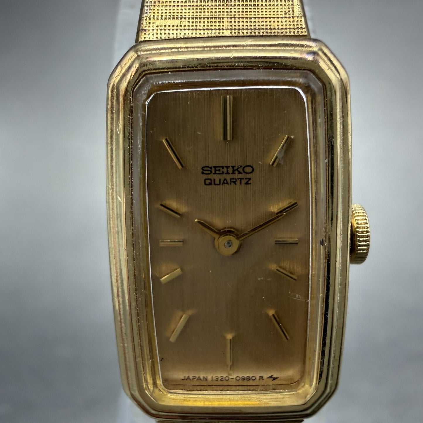 Seiko Tank Watch Women 14mm Champagne Dial Gold Tone 1320-5770 New Battery KUH91