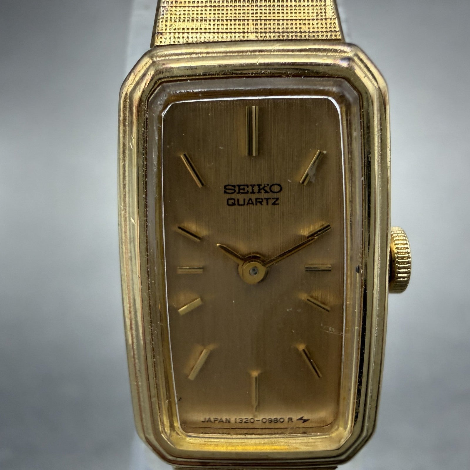 Seiko Tank Watch Women 14mm Champagne Dial Gold Tone 1320-5770 New Battery KUH91
