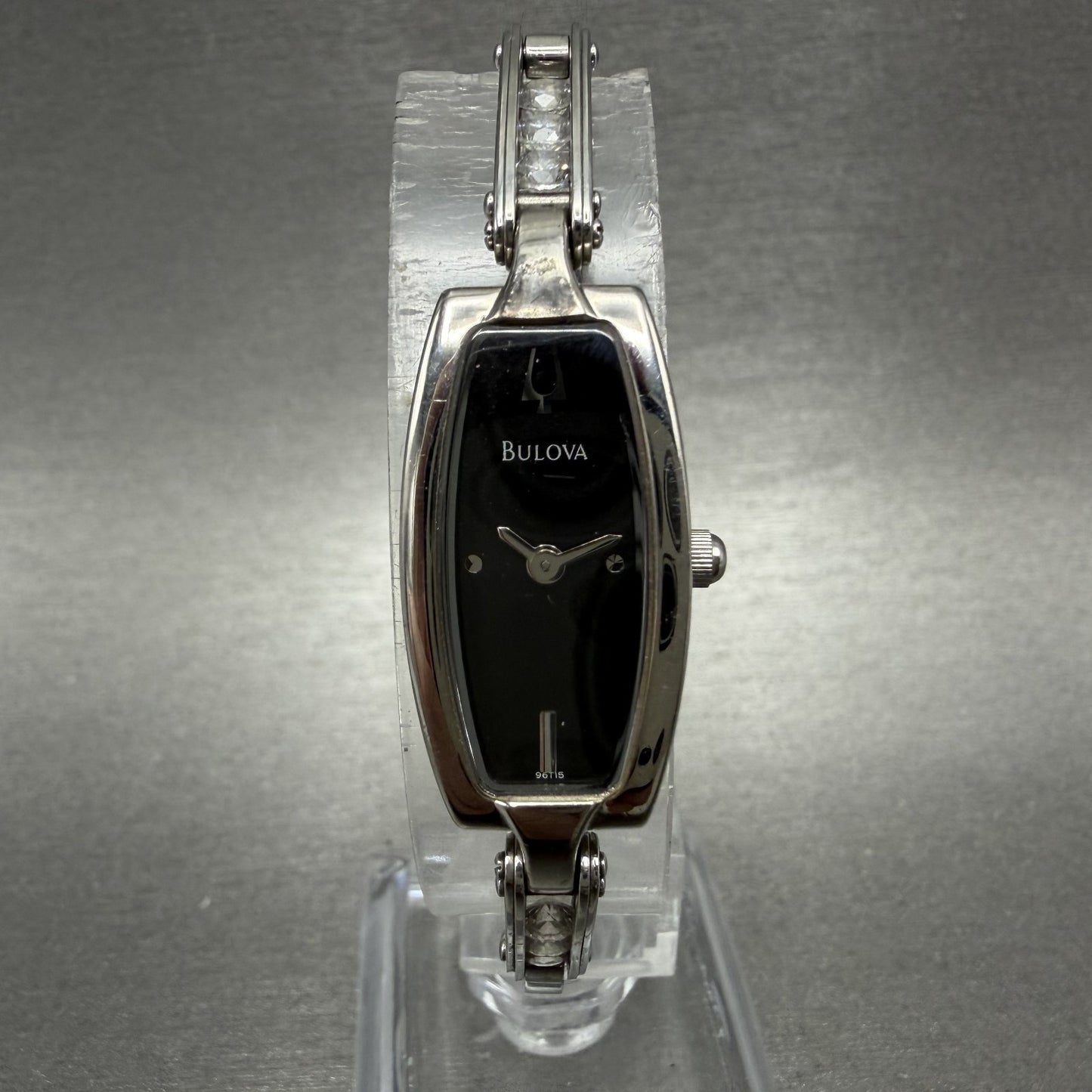 Bulova Tank Watch Women 14mm Black Dial Silver Tone Rectangle 96T15 New Battery0