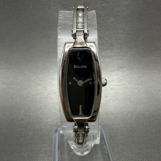 Bulova Tank Watch Women 14mm Black Dial Silver Tone Rectangle 96T15 New Battery0