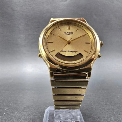 Casio Analog Digital Watch Men 35mm Champagne Dial Gold Tone Alarm Chrono PARTS6