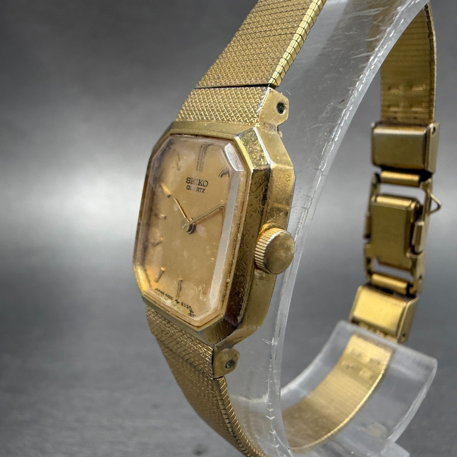 Seiko Watch Women 17mm Champagne Dial Gold Tone Octagon 4N00-5139 New Batt VTG 32