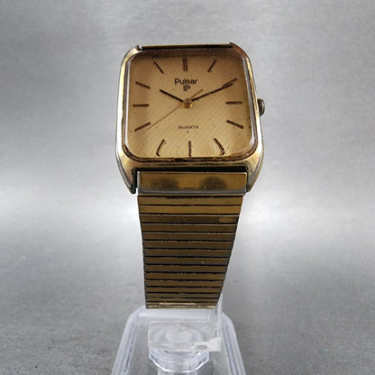 Seiko Pulsar Tank Watch Men 27mm Champagne Dial Gold Tone Y1015329b New Battery5