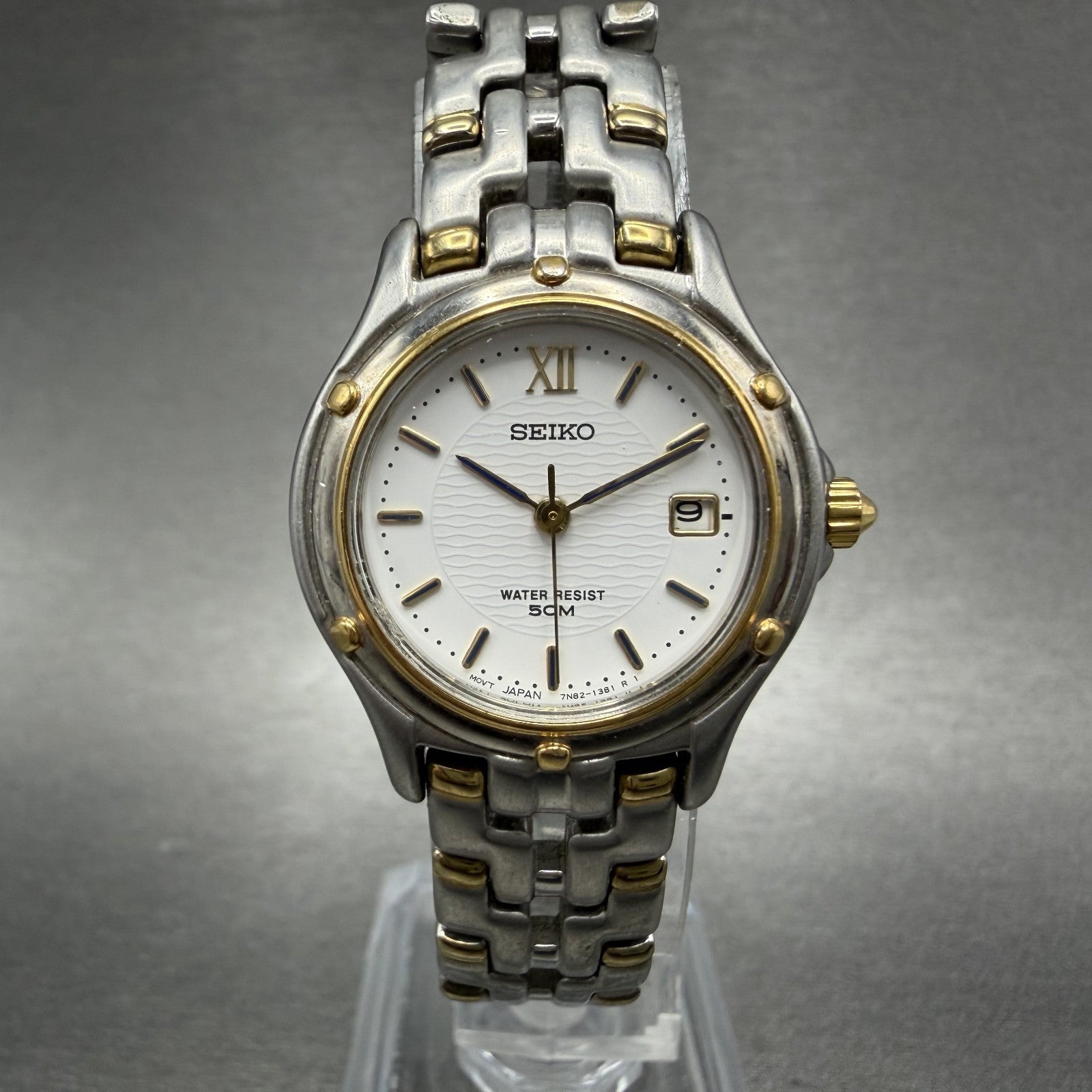 Seiko Watch Women 26mm White Dial Two Tone Date Round 7n82-0599 New Battery LYTD0