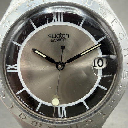 Swatch Irony Smoke Watch Men 37mm Silver Dial Aluminum Date YGS4002 New Battery1