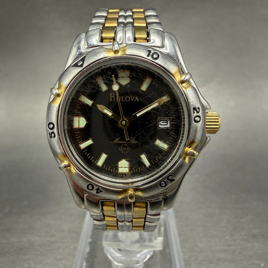 Bulova Marine Star Dive Watch Women 28mm Black Dial Two Tone Date Round New batt0