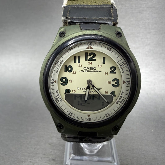 Casio Illuminator Watch Men 40mm Analog Digital Green Alarm Chrono AW-80 New Bat0