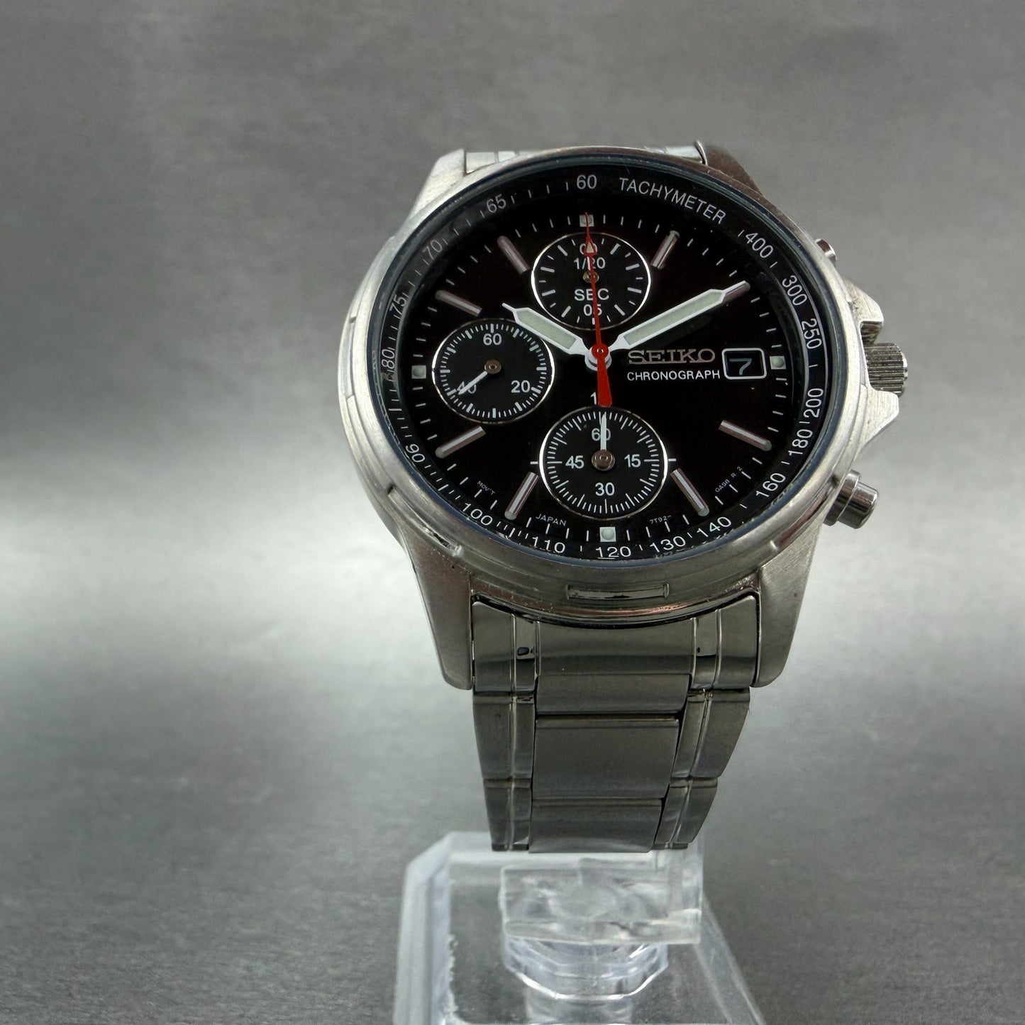 Seiko Chronograph Watch Men 36mm Black Dial Silver Tone Date 7T92-0BA0 New Batt45