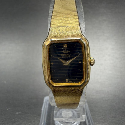 Seiko Tank Watch Women 17mm Black Dial Gold Tone Rectangle 2P20-5D30 New Battery0