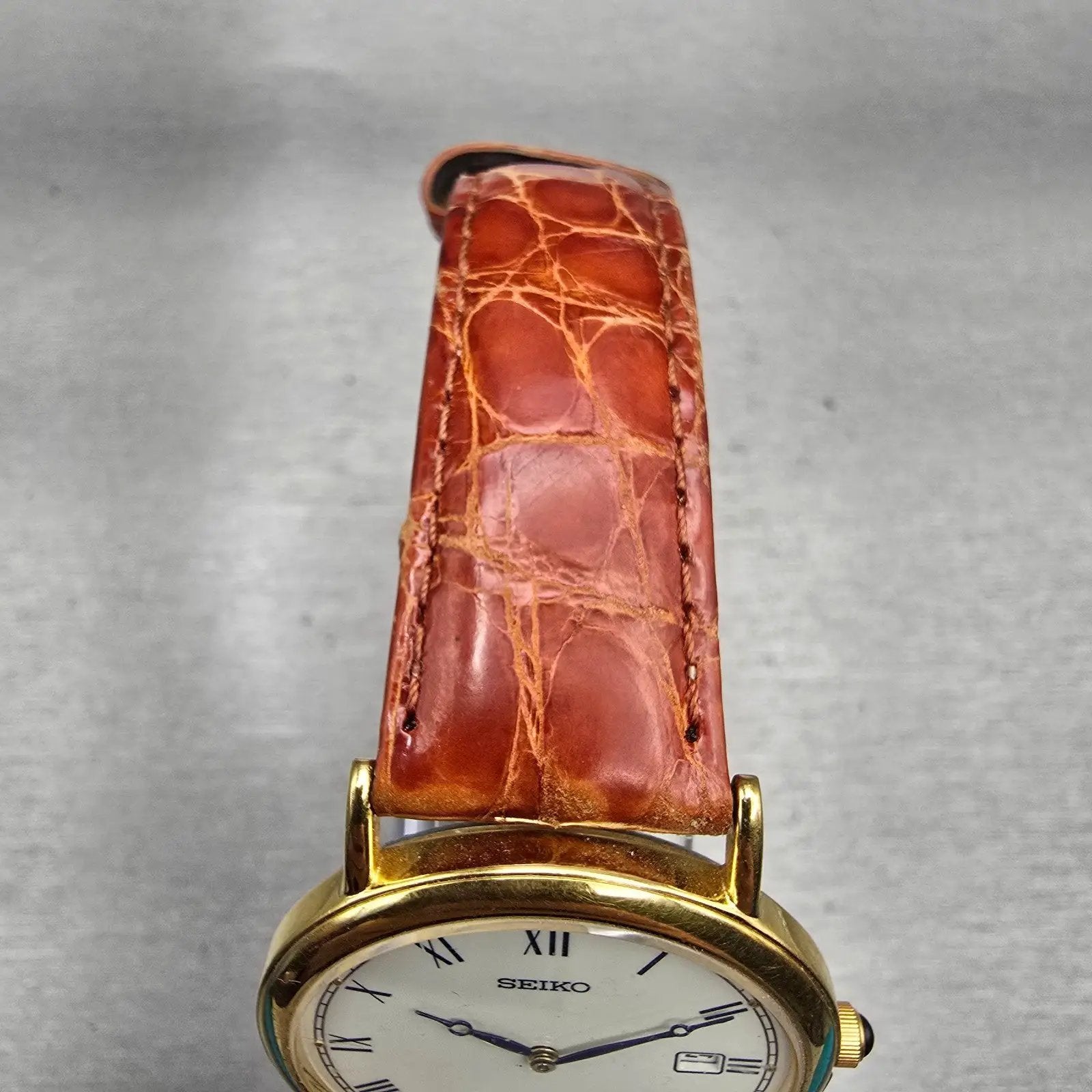 Seiko Watch Men 34mm White Dial Gold Tone Date Round 7N39-0A19 New Battery VTG H4