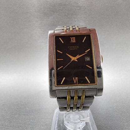 Citizen Tank Watch Men 27mm Black Dial Two Tone Date Rectangle New battery