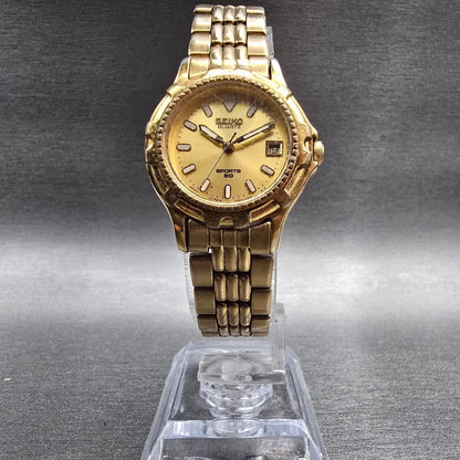 Seiko Sports 50 Watch Women 26mm Gold Dial Gold Tone Date 7N82-0271 New Battery5