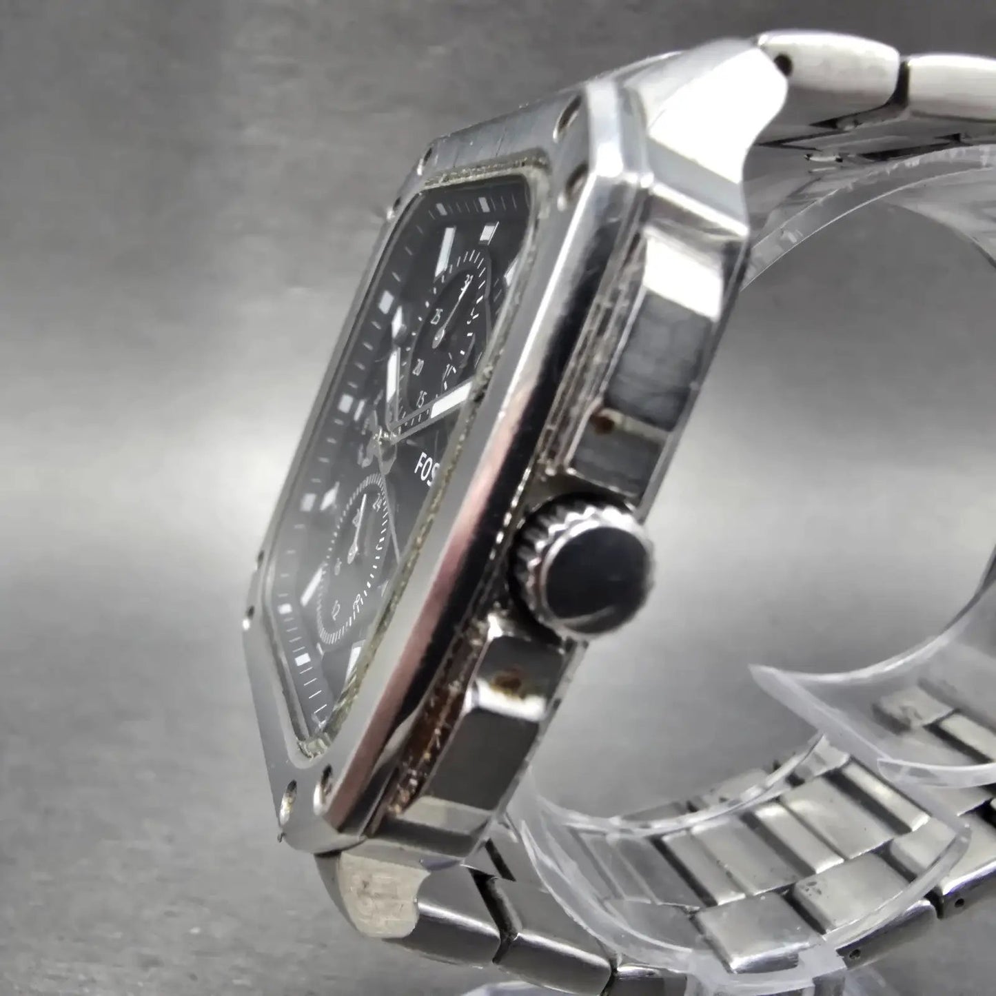 Fossil Watch Men 41mm Black Dial Silver Tone Daydate Rectangle BQ2655 New Batt2