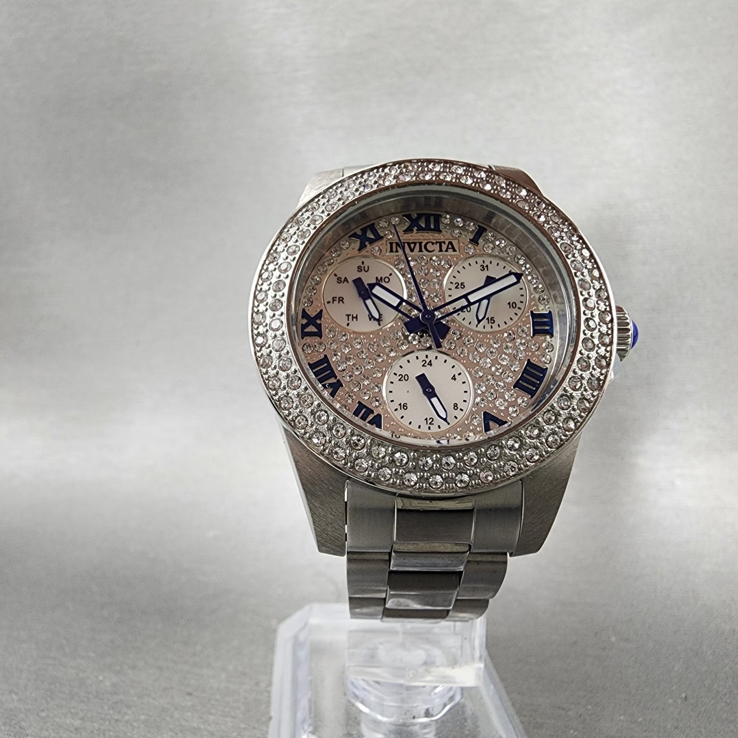 Invicta Angel Watch Women 35mm Silver Dial Steel Crystal Accents Daydate New Bat5