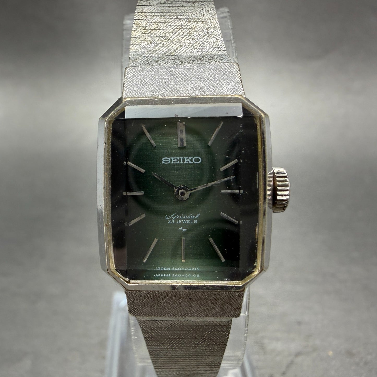 Seiko Special Tank Watch Women 19mm Green Dial Silver Tone Manual 1140-3140 Runs0