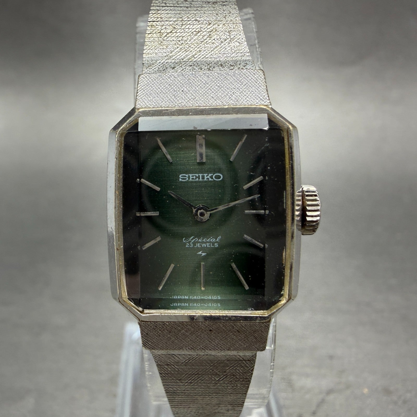 Seiko Special Tank Watch Women 19mm Green Dial Silver Tone Manual 1140-3140 Runs0