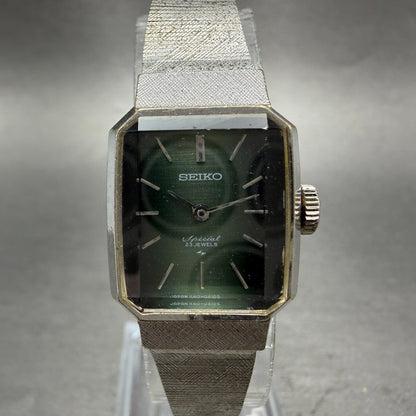 Seiko Special Tank Watch Women 19mm Green Dial Silver Tone Manual 1140-3140 Runs0