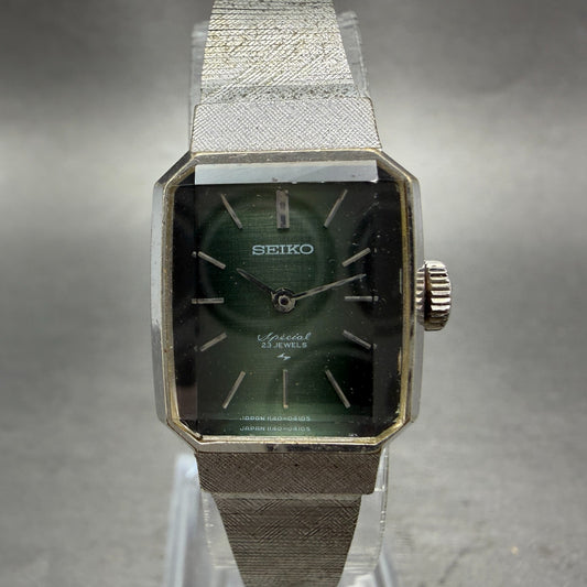 Seiko Special Tank Watch Women 19mm Green Dial Silver Tone Manual 1140-3140 Runs0