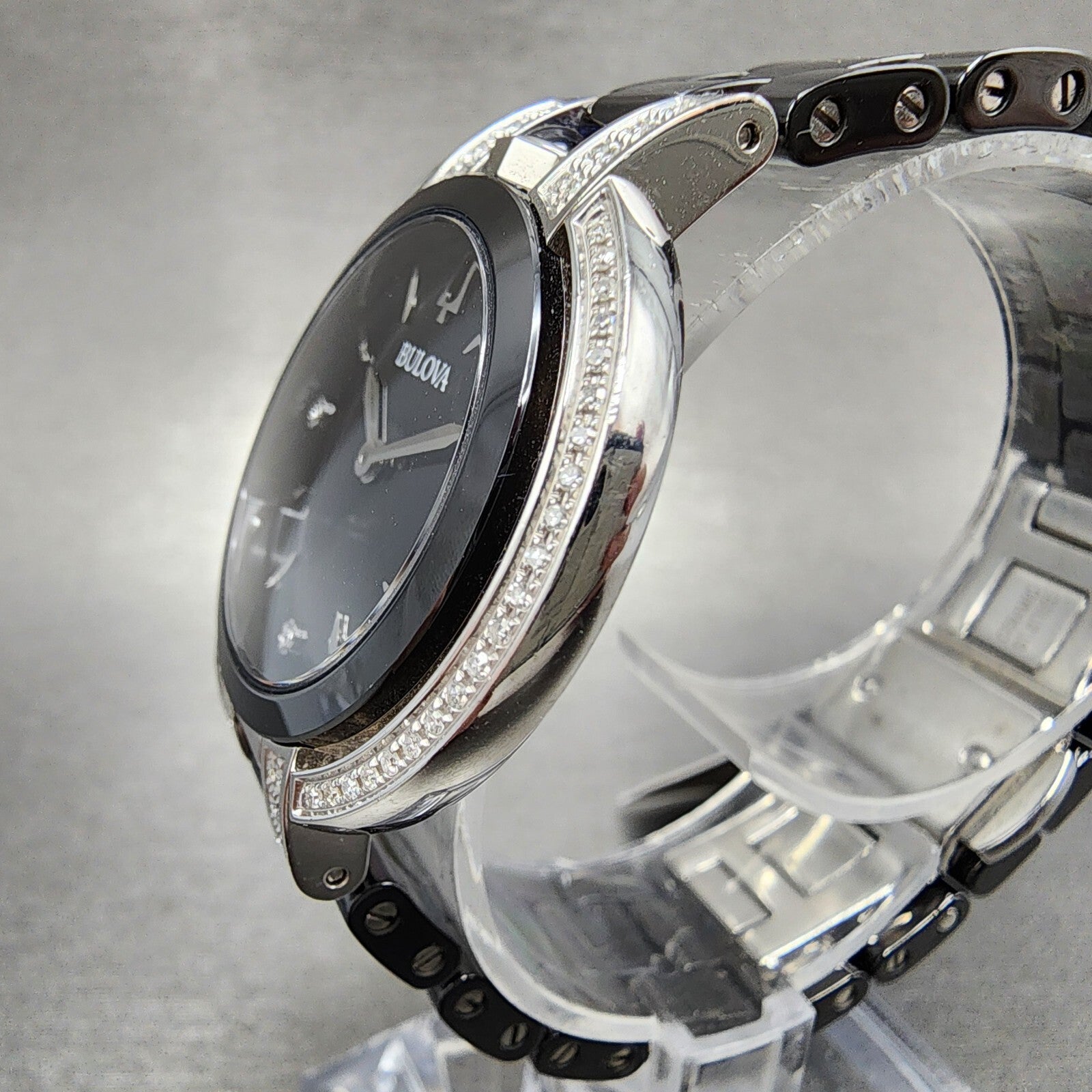 Bulova Rubaiyat Watch Women 35mm Black Dial Black Ceramic Diamond Bezel 98R266 B2