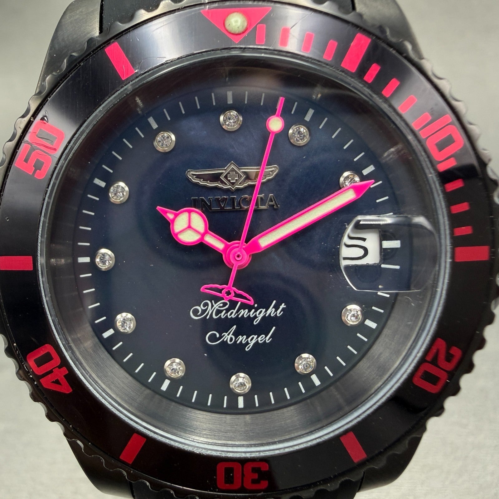 Invicta Midnight Angel Dive Watch Women 40mm MOP Dial Black Tone Date 23684 Runs1