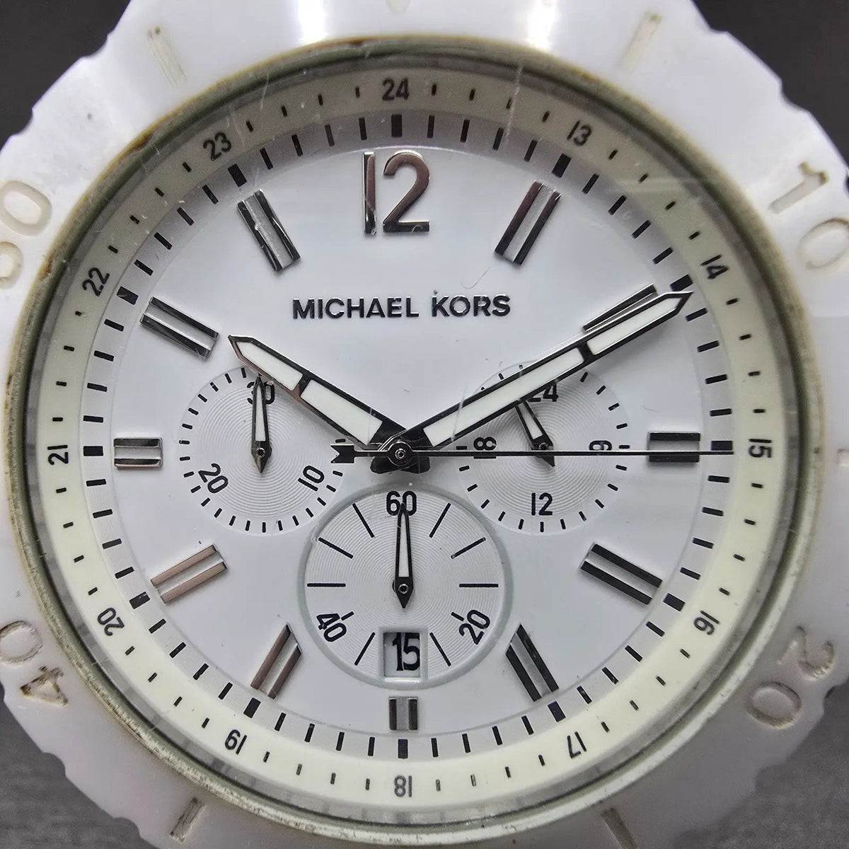 Michael Kors Dylan Watch Men 48mm White Dial White Ceramic Date MK8177 New Batt1