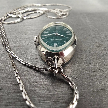 Seiko Necklace Watch Women 19mm Green Dial Silver Tone Oval 11-7990 Manual Wind5