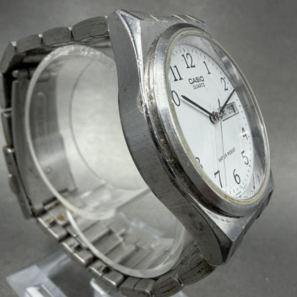 Casio Watch Men 36mm White Dial Silver Tone Daydate Round MTP1240 New Battery3