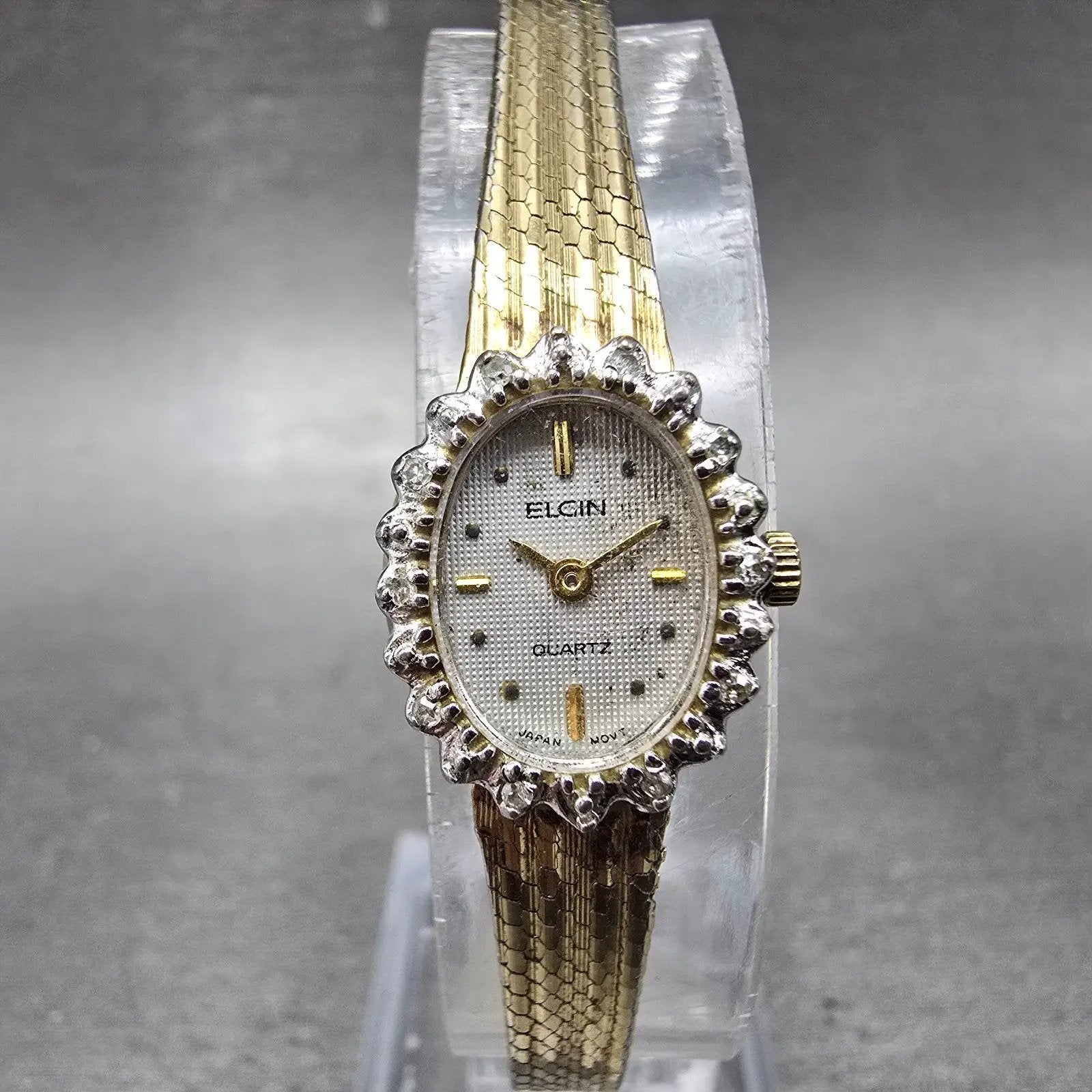 Elgin Watch Women 15mm Silver Dial Gold Tone Oval Crystal Accent New Battery0