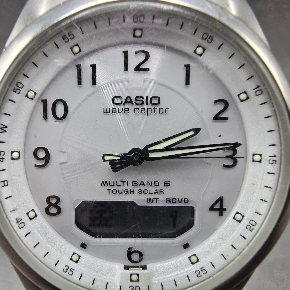 Casio Wave Ceptor Watch Men 42mm White Dial Steel Solar Analog Digital Works JP1