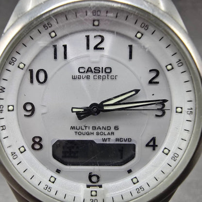 Casio Wave Ceptor Watch Men 42mm White Dial Steel Solar Analog Digital Works JP1