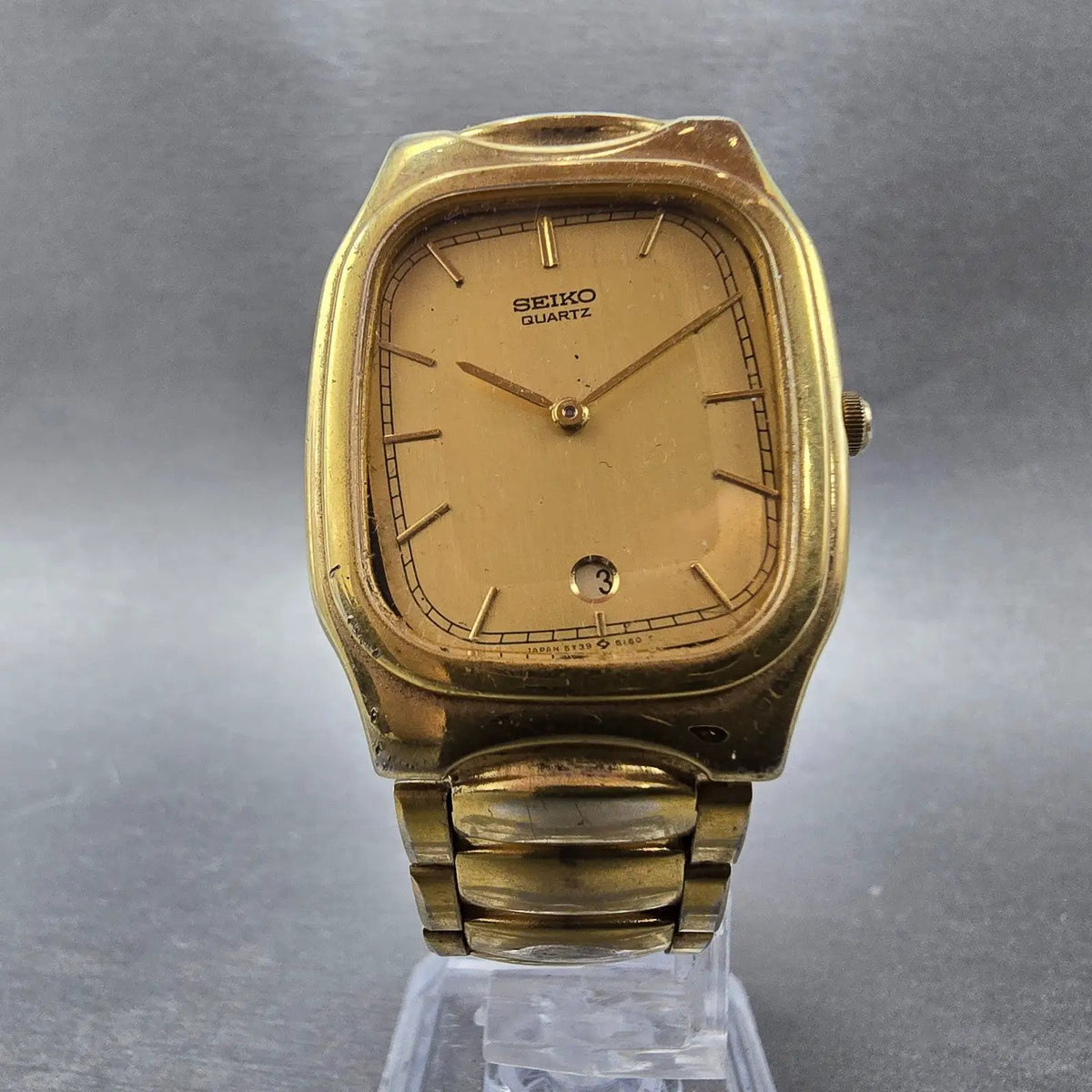 Seiko Tank Watch Men 30mm Gold Dial Gold Tone Rectangle 5y39-5089 PARTS JP6