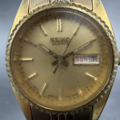 Seiko Watch Women 25mm Gold Dial Gold Tone Daydate Round 7N83-0041 New Battery7H1