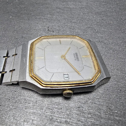 Seiko Watch Men 29mm Silver Dial Two Tone Date Octagon 6439-5039 PARTS Vintage4