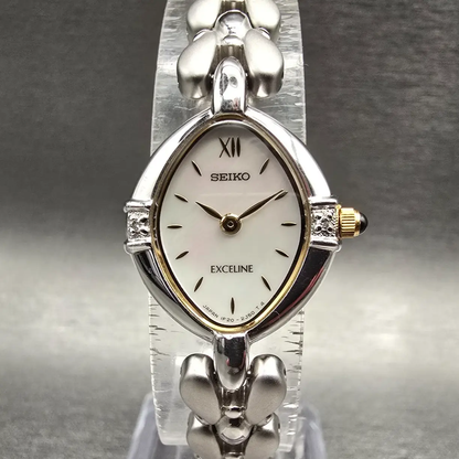 Seiko Exceline Watch Women 19mm MOP Dial Silver Tone Gemmed 1F20-6B60 New Batt0