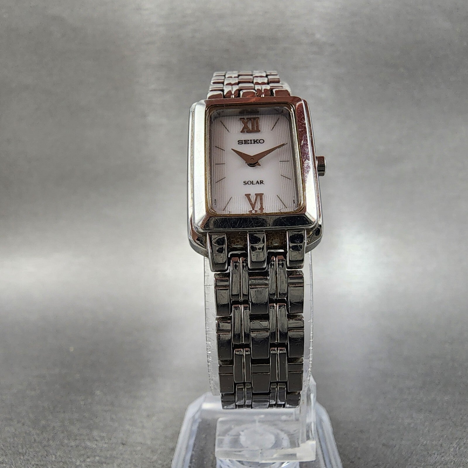 Seiko Solar Tank Watch Women 18mm White Dial Steel Rectangle V1140AC0 Runs5
