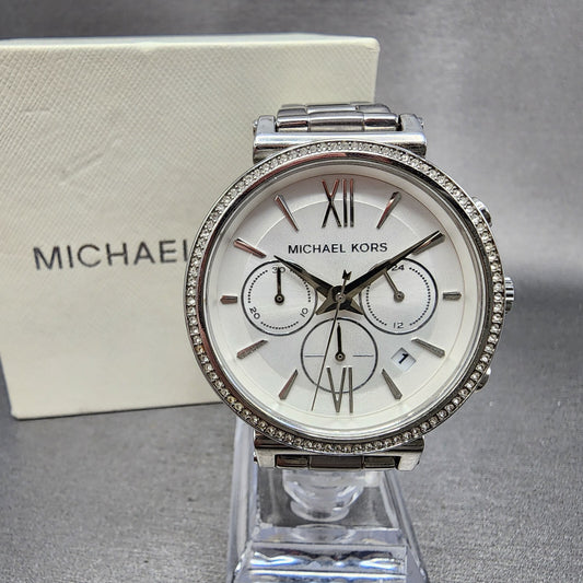 Michael Kors Sofie Watch Women 38mm White Dial Steel Date Chronograph New Batt