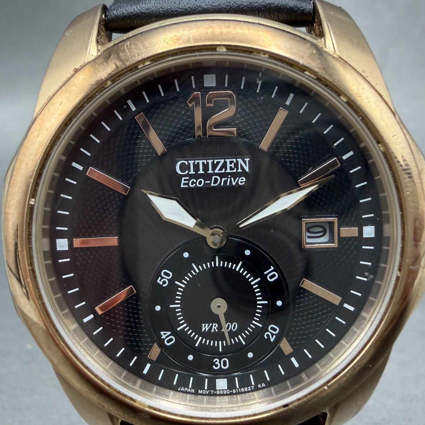 Citizen Eco-Drive Watch Men 42mm Black Dial Rose Gold Date Small Seconds Runs1