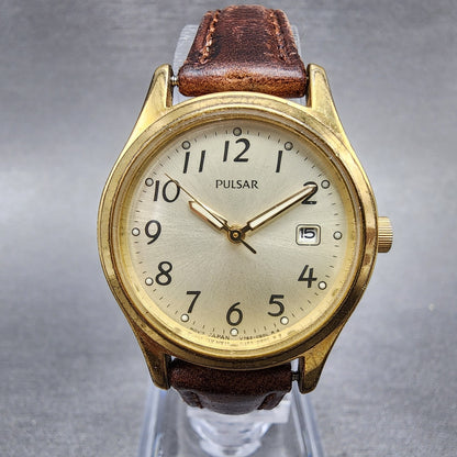 Pulsar Watch Women 27mm Champagne Dial Gold Tone Date Round V782-0320 New Batt