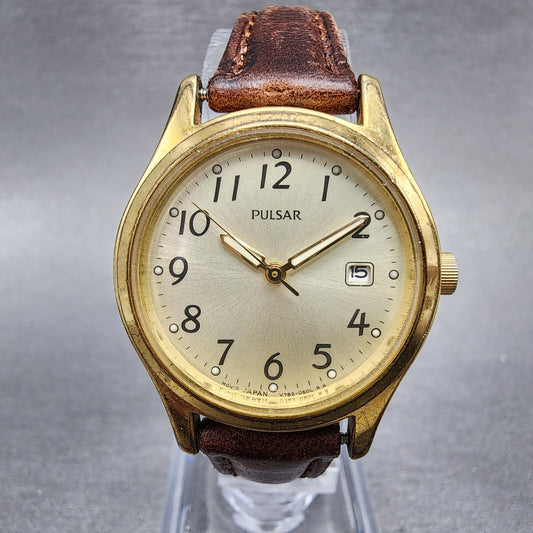 Pulsar Watch Women 27mm Champagne Dial Gold Tone Date Round V782-0320 New Batt