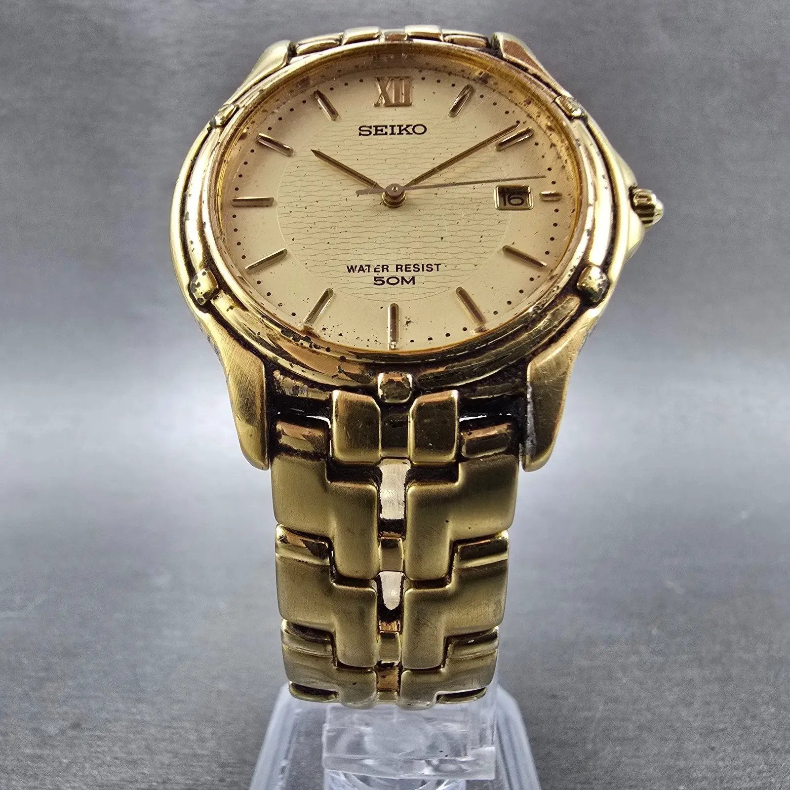 Seiko Watch Men 36mm Champagne Dial Gold Tone Date Round 7N32-0049 PARTS Vintage6