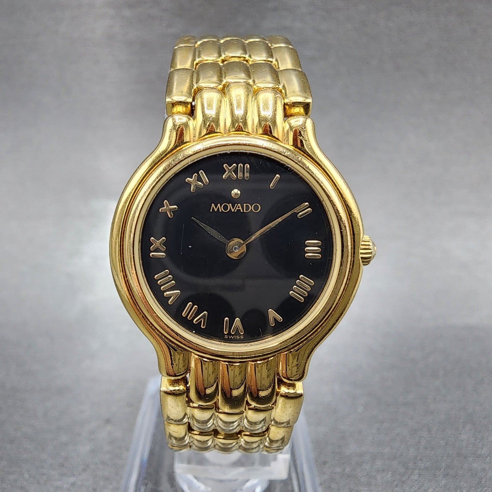 Movado Watch Women 24mm Black Dial Gold Tone 87.25.820 Round New Battery0