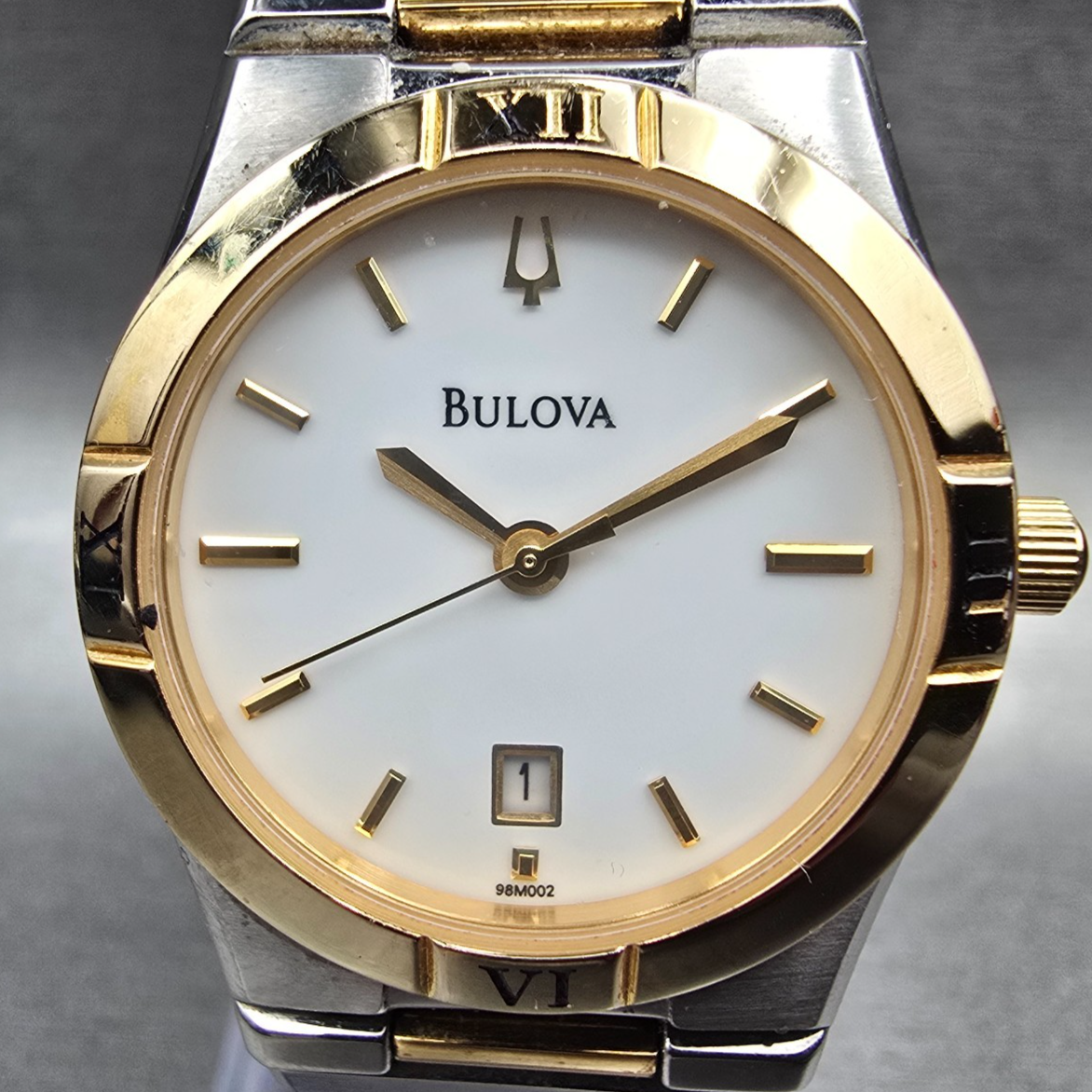 Bulova Watch Women 27mm White Dial Two Tone Date Round 98M002 New Battery1