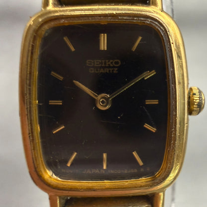 Seiko Watch Women 17mm Black Dial Gold Tone Rectangle 1N00-5K29 VTG New Battery1