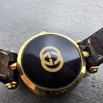 Gucci 2000L Watch Women 22mm Black Dial Gold Plated Round New Battery VTG SW9